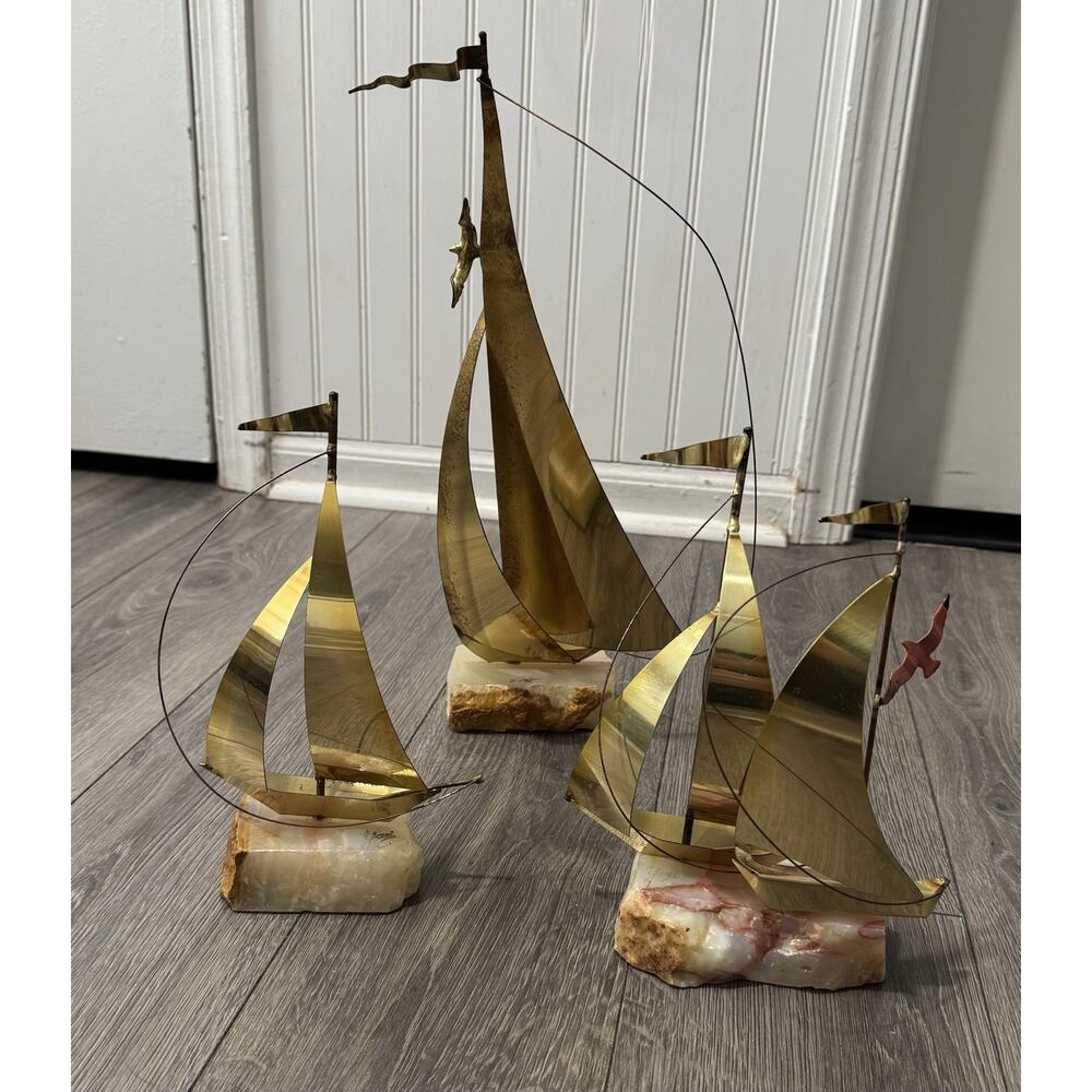 DeMott And Yosi Nautical Brass Sailboat, 3pc Lot, Various sizes, Marble Bases